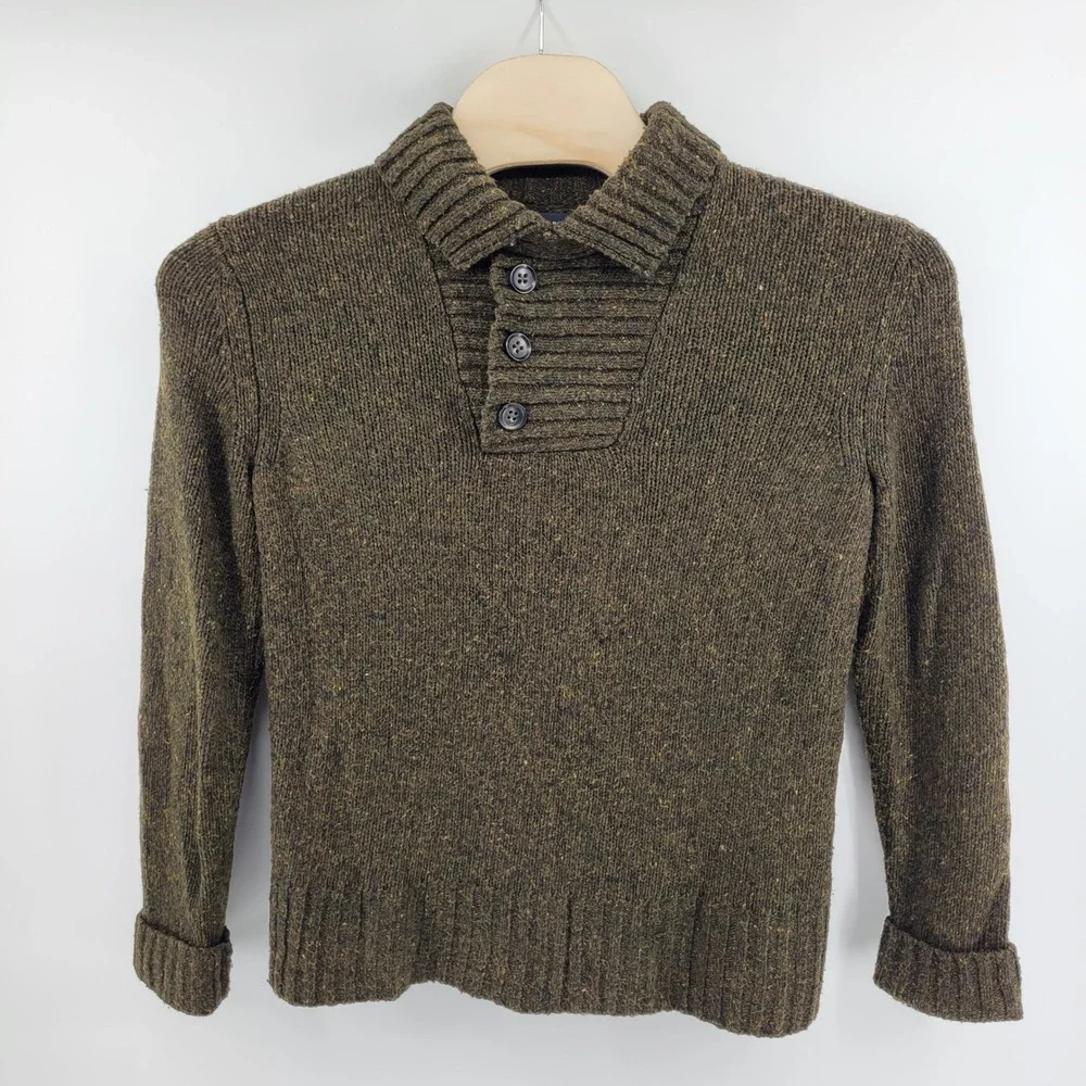 Banana Republic Mens Small Lambswool Speckled Knit Button Mock Neck‎ Sweater